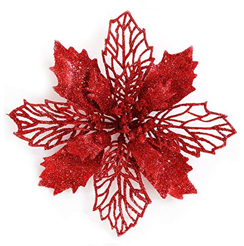 GL-Turelifes - 12 glitzernde Weihnachtsblumen, 16 cm (6,3 Zoll), künstliche Weihnachtsblumen, Weihnachtsbaum-Blumen, Verzierungen mit 12 grünen Blumenstielen