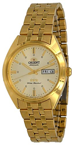 Orient RA-AB0E04G Herren-Armbanduhr mit 3 Sternen, goldfarben, Edelstahl, goldfarbenes Zifferblatt, Tag und Datum, Automatikuhr