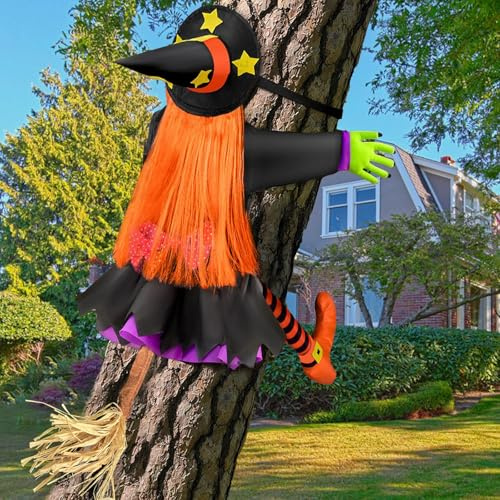 Decoration Halloween Exterieur Sorcière écrasante: 100cm Sorcière Volante Effrayante Accessoires de Sorcière Deco Halloween Interieur pour Décoration d'arbre Extérieur de Cour Pelouse Patio Porche
