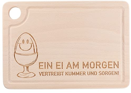 Spruchreif · Schneidebrett aus Holz Mit Witziger Gravur, Griffloch und Eierhalter · Frühstücksbrett · Ein Ei Am Morgen Vertreibt Kummer…