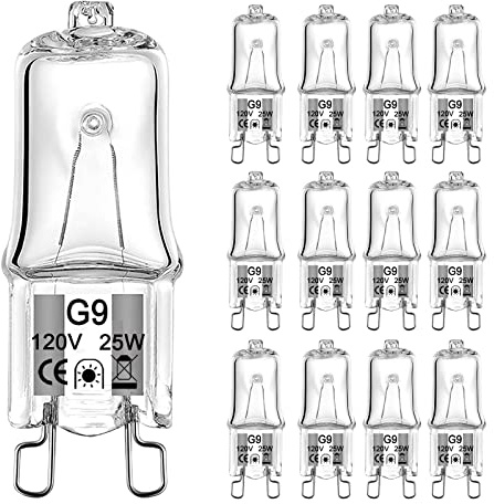 G9 Bulb 25W, 12 Pack G9 Halogen Light Bulbs 2 Pin Base T4 JCD Type 120V Xenon Small Light Bulb for Chandeliers, Range Hood Light, Bathroom Light Bulbs, Cabinet Lights, Dimmable, 2700K Warm White