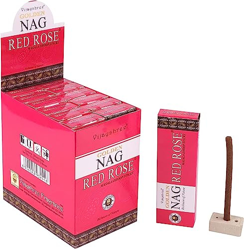Aromasenses | Incenso Masala Dhoops Sticks Golden Nag Rosa Rossa Vijayshree | 12 Confezioni da 10 Dhoops ciascuna | Include Supporto Bruciatore | Meditazione | Yoga | Rilassamento