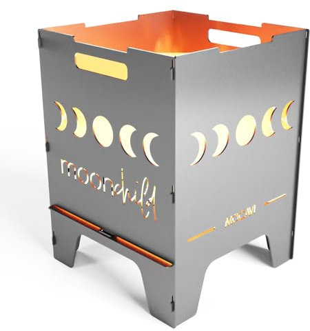 MOCAVI Edelstahl Feuerkorb Moonchild 52 cm | 3 mm V2A Design-Feuertonne für Garten, Terrasse und Balkon Feuerschale Feuersäule massiv sicher quadratisch Feuerstelle Outdoor faltbar hitzefest eckig