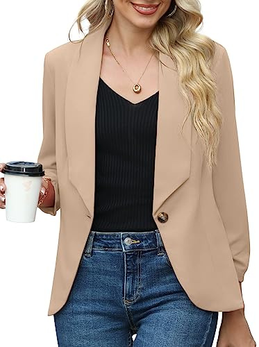 PrinStory Womens Blazer Suit Open Front Cardigan 3/4 Ruched Sleeve Casual Work Office Blazer Jacket For Ladies