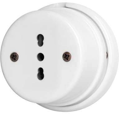 Presa Bipasso in Porcellana Bianca dimetro 80mm, Viti e tasselli compresi, Design Vintage per Impianti Elettrici a Vista, 10/16A 2P+T – Materiale Resistente e Sicuro