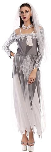 XIUH Weibliches Halloween-Hochzeitskleid-Party-Themenkostüm (Kleid + Kopftuch + Halsschmuck) Mittelalterliche Gürtelschnallenbeschläge (White, XL)