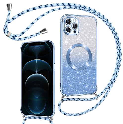 Phoona Hülle für iPhone 12 Pro Max mit Band, Blau | [Kompatibel mit MagSafe] Luxuriöse Glitzer Beschichtung Magnetische Handyhülle zum Umhängen Kordel Silikon Stoßfest
