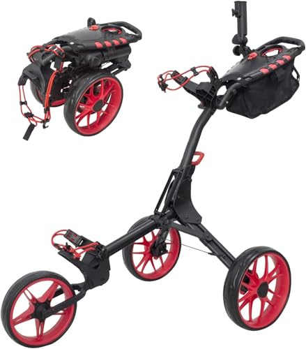 Newfly, carrello da golf a 3 ruote ultraleggero pieghevole, con freno a pedale - facile da aprire e chiudere, carrello da golf con portaombrelli e borsa portaoggetti (rosso)