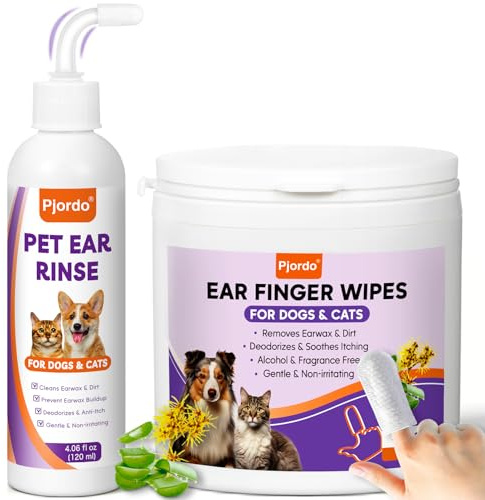 Kit de nettoyant pour oreilles de chien Pjordo - Nettoyant pour oreilles de chien avec aloe vera et hamamélis, lingettes pour doigts pour oreilles de chien et solution nettoyante pour oreilles pour