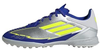 adidas Unisex F50 League Football Boots Turf, Silver Metallic/Solar Yellow/Lucid Blue, 40 2/3 EU
