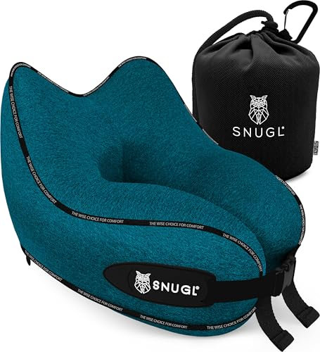 SNUGL Almohada de Viaje Ergonómica – Cojín Cuello Viaje de Espuma Viscoelástica | Almohada Cervical con Bolsa de Transporte para Coche y Avión | (Azul Turquesa - Adulto Regular)
