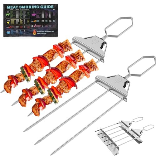 Alongen 2Pcs BBQ Skewers Stainless Steel Set, with Oil Brush Barbecue Chart and Small Holder Stainless Steel 3 Way Grill Skewers Set for Outdoor Barbecue Family Birthday Party Picnic Camping