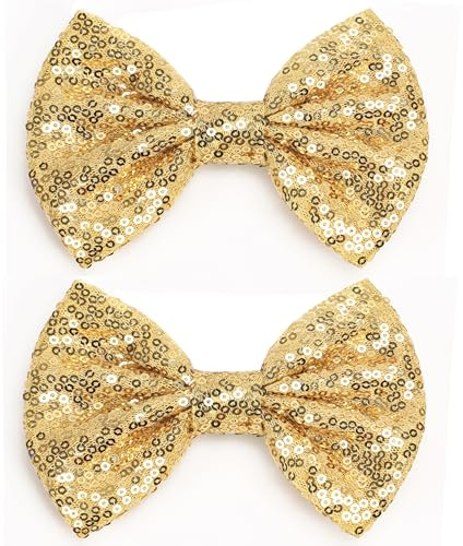KISZU Large 5 Inch Glitter Hair Bows Clips, Sparkling Sequin Big Bow HairPins for Baby Girls Children Teens and Women (Gold)