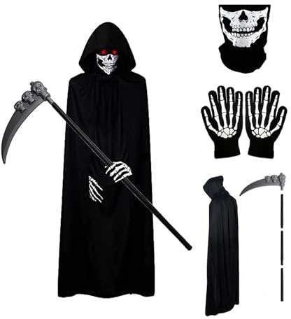 GTYZZH Halloween lisenmansdräkt, läskig halloweenkostym, set med svart huva, dödskalleansiktsmask, skeletthandskar och dödskalle, perfekt för halloween, maskeradkostym, rekvisita