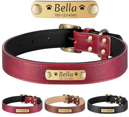 YEHANTI Hundehalsband Personalisiert, Verstellbares Hundehalsband für Welpen Kleine Mittel Große Hunde, Hunde Halsbänder aus Leder, Langlebig Halsband Hund mit Name und Telefonnummer, Rot