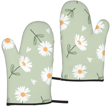 Oven Mitts Set of 2,Sage Green Daisy Heat Resistant Kitchen Oven Gloves for Cooking Grilling Baking BBQ