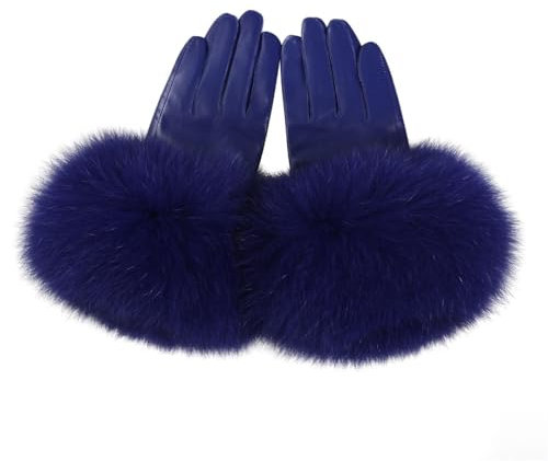 Damen-Handschuhe aus echtem Lammleder, mit Manschette, Winter, warm, mit Fleece gefüttert, Königsblau, Größe S