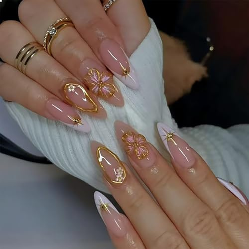 GlamRays 24 Stück Blumen Press On Nails French Tip Mandel Mittel Falsche Nägel Mit 3D Blumen Designs Herbst Nude Falsche Nägel Vollumfängliche Aufnageln Glitzernde Nagelspitzen