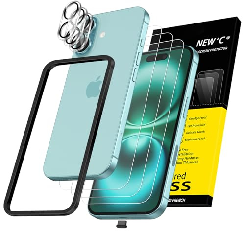 NEW'C 3 x Skärmskydd för iPhone 16 (6,1 tum) och 3 x kameralinsskydd i härdat glas - Fri från luftbubblor - Ultrabeständigt - 9H hårdhetsglas - Enkel installationsverktyg inkluderat