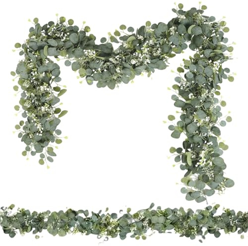 2 Stück Eukalyptus Girlande, Künstliche Girlande Pflanze, 1,8m Hängend Eukalyptus Deko, eukalyptus künstlich mit Weiße Blume Blätter für Hintergrund Hochzeit Tischdekoration