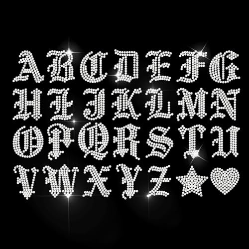 MAYJOYDIY 26 Gothic Alphabet Strass Aufbügler Hotfix Transfer Buchstaben Glitzernde Kristall Wärmeübertragungs Aufkleber Stern/Herz Strass Hotfix Aufkleber Für Hemden Taschen Hüte Jeans Schuh