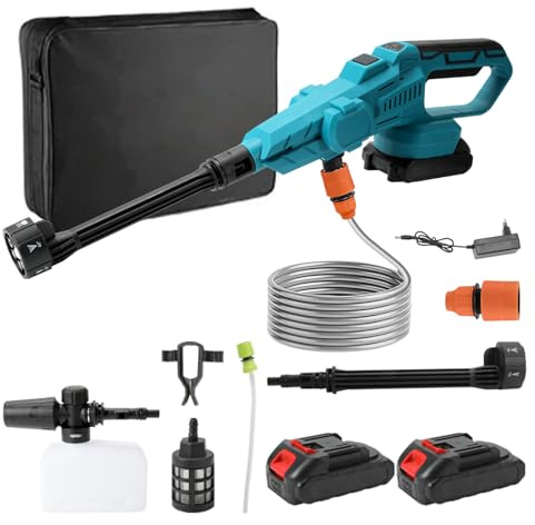 Akku Hochdruckreiniger,100 Bar Mobiler Hochdruck Wasserpistole mit Akku,Bürstenloser Motor,6-in-1-Multifunktionsdüse,180° Drehbare Düse, 380L/H,5M Schlauch, für Autos,Terrasse,Fenster (2 Akku)