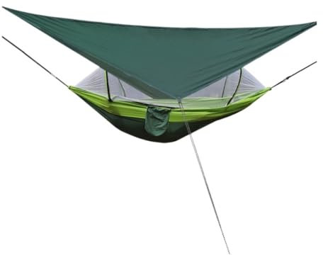 Hamaca mosquitera automática de apertura rápida para exteriores con toldo, tela de paracaídas y poste verde