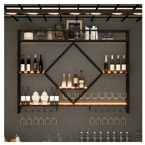 Estante de metal montado en la pared para copas de vino y botellas de licor para decoración del hogar y cocina (negro)