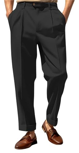 Generisch 2025 - Herren-Anzughose, einfarbig, schlicht, Business-Casual, gerader Knopf Bundfaltenhose Herren Retro (Black, M)