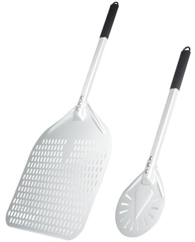 WANGZEYU Pelle Pizza Ensemble de pelles à Pizza perforées, Pelle à Pizza rectangulaire et Ronde, Pelle à Pizza anodisée en Alliage d'aluminium, Outil à Pizza Pelle A Pizza(14inch and 7inch Set)