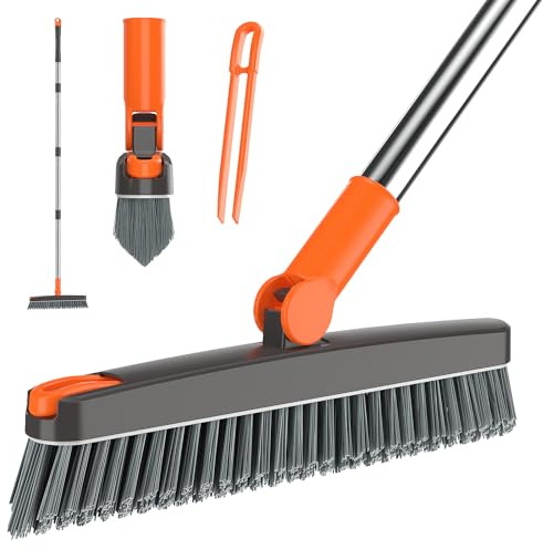 AIR U+ Heavy Duty Grout Scrub Brush with Long Handle & Hair Clip | 180° Swivel Scrub Brush V-Shape Grout Line Scrubber Stiff Bristles for Deep Cleaning Crevice, Tile Line, Corners