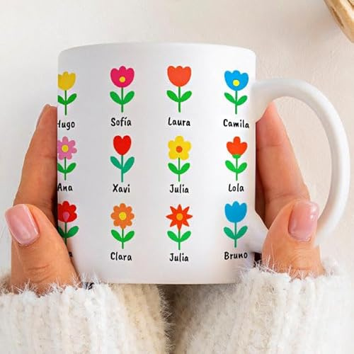 Transparent Gift Taza Personalizada Flores para Profesores. Regalos Originales para Profe Fin de Curso. Taza para Café o Desayuno. Regalos para Mujer y Hombre. Taza Decorativa con Nombres.