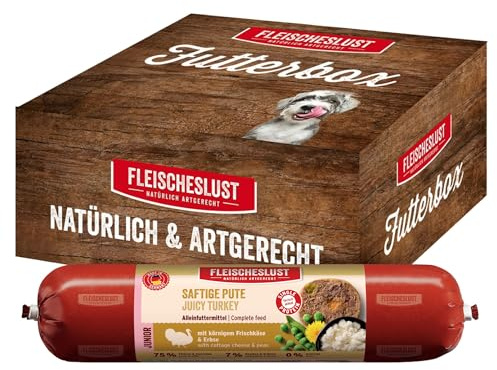 Fleischeslust Futterbox Junior Saftige Pute (8x400g) Hundewurst Alleinfutter, Nassfutter-Wurst schnittfest & getreidefrei, Hundefutter für Junge Hunde