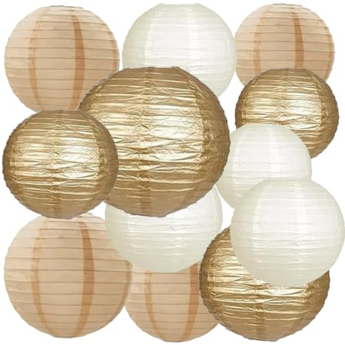 We Moment Zone 12 Stück Papier Lampions Gold Cream und Khaki Runde Papierlaterne Papier Laterne für Lampenschirm Gold Deko, Geburtstagsfeier,Hochzeitsdekorationen，Gartenparty Deko
