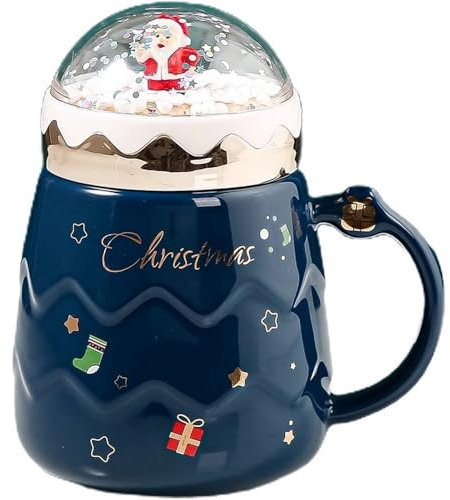 Huiyiwert Cute Weihnachtstasse Porzellan Kaffeebecher mit Deckel große Kaffeetasse mit Miniatur Weihnachtsdeko süße Teetasse Geschenk für Weihnachten Neujahr Geburtstag (Blau)