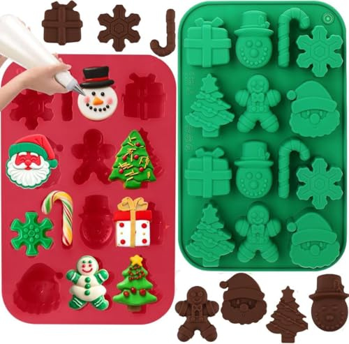 BURRSJ Christmas Chocolate Molds 2 Pack - 14 Cavity Santa Snowman Tree Gingerbread Man Xmas Theme Shaped Silicone Baking Molds for Candy, Gummy, Jello, Ice Cubes, Wax Melts -