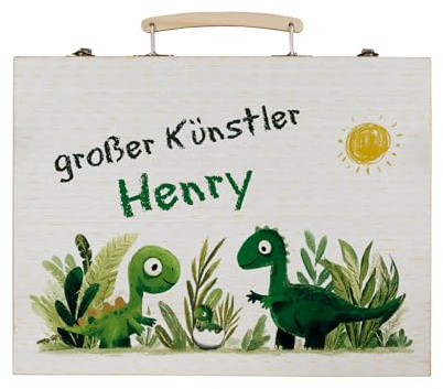 Striefchen® Malset für Kinder mit 66 Teilen – personalisiert mit Name oder Text – Designs für Jungen & Mädchen – Malkoffer mit Tragegriff – Geschenk zur Einschulung oder Geburtstag (Dinos)