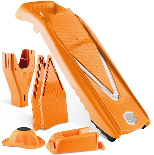 Mandoline Food Slicer Börner V5 (Profi Set) by Reston Lloyd • V-Slicer with 4 Inserts, Docking Station & Food Holder • Made in Germany • Fruit & Vegetable Chopper • Multiple Settings • Color: Orange