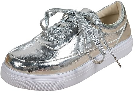 Generisch Allacciatura lucida da donna con glitter argento, scarpe da ginnastica alla moda, comode, scarpe sportive Performance Party Plateau-Ssneaker, scarpe per il tempo libero, scarpe da passeggio