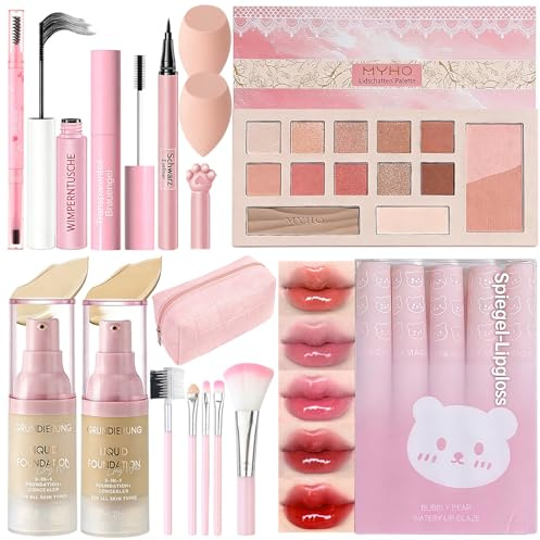 All in One Makeup Kit, Korean Make Up Set, Schminkset für Frauen, Kosmetik Geschenkset mit Lidschatten Rouge Palette, Foundation, Eyeliner, Mascara, Augenbrauen Gel, Augenbrauenstift, Reisetasche
