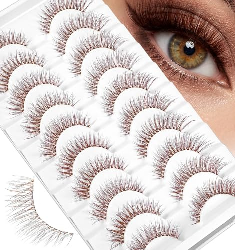 Brown Eyelashes, 10 Pairs Brown False lashes Cat Eye Wispy Lashes, Faux Mink Cat Lash with Clear Band for Beginners & Professionals