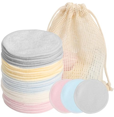 SLIAXINT 30 Almohadillas Desmaquillantes Lavables, Discos de Algodón Reutilizables de Fibra de Bambú, con Bolsa de Tela, para Limpieza Facial, Aptos para Todo Tipo de Pieles, 5 Colores, Redondos