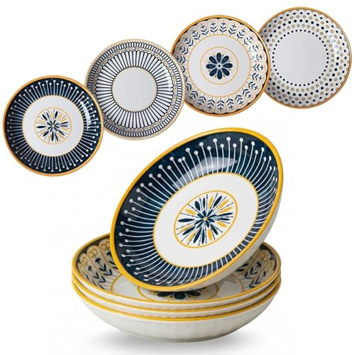 wintfarm Lot de 4 assiettes plates bohèmes en céramique pour micro-ondes, four et lave-vaisselle - Diamètre 20 cm - Utilisables comme assiettes à pâtes, assiettes à petit-déjeuner, assiettes à dessert