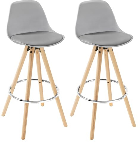 WOLTU Barhocker 2er Set, mit Lehne, Kunstleder+Holz, Grau | Barstuhl mit Fußstütze, Design Stuhl 75cm, Küchenstuhl Holzgestell, Hocker für Küche Bar