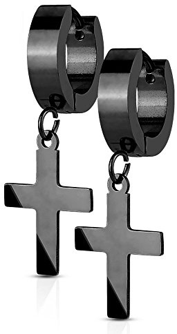 Bungsa Creolen mit ANHÄNGER KREUZ - Ohrringe Set in 4 Farben (SILBER, SCHWARZ, ROSEGOLD, GOLD) - aus EDELSTAHL - Klappcreolen Ohrschmuck für Damen & Herren - Ohrstecker Kreolen mit Kreuz