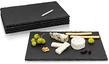Amazy | Plato de Pizarra Rectangular (6 Piezas) con bolígrafo de Tiza para Escribir - bandejas Decorativas de Pizarra Natural para Servir Platos y Cubiertos con Gusto (30 x 20 cm)