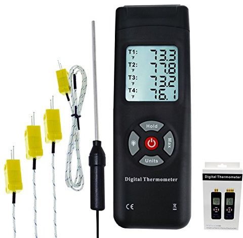 Thermometer 4 Channels K-Type Thermocouple sensor tester with K-Type Metal & Bead Probe Backlight Temperature Instrument -50~1350°C (-58~2462°F) Max/Min/Avg reading Data Log Storage Recording Function