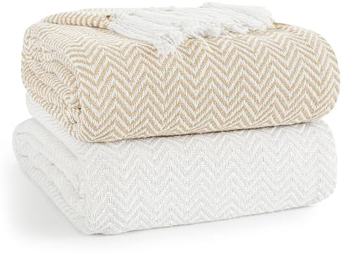 EHC PAIR Pack Chevron Cotton Throws for Sofa Settees Chair Cover Blanket, 127 x 152cm (Pack of 2) - Ivory/Tan