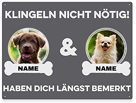 Hunde Schild personalisiert - Klingeln nicht nötig - Metallschild mit Foto und Name für außen, wetterfestes Türschild für Hundebesitzer - DIN A5-21 x 15 cm, zwei Tiere, grau