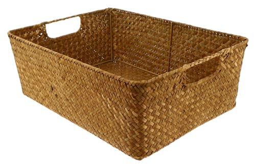 Cabilock Tessuti a Mano Rettangolare Cesto con Manico Cestino di Immagazzinaggio del Rattan Bidoni Decorativo di Vimini Vassoio per Cucina Bagno